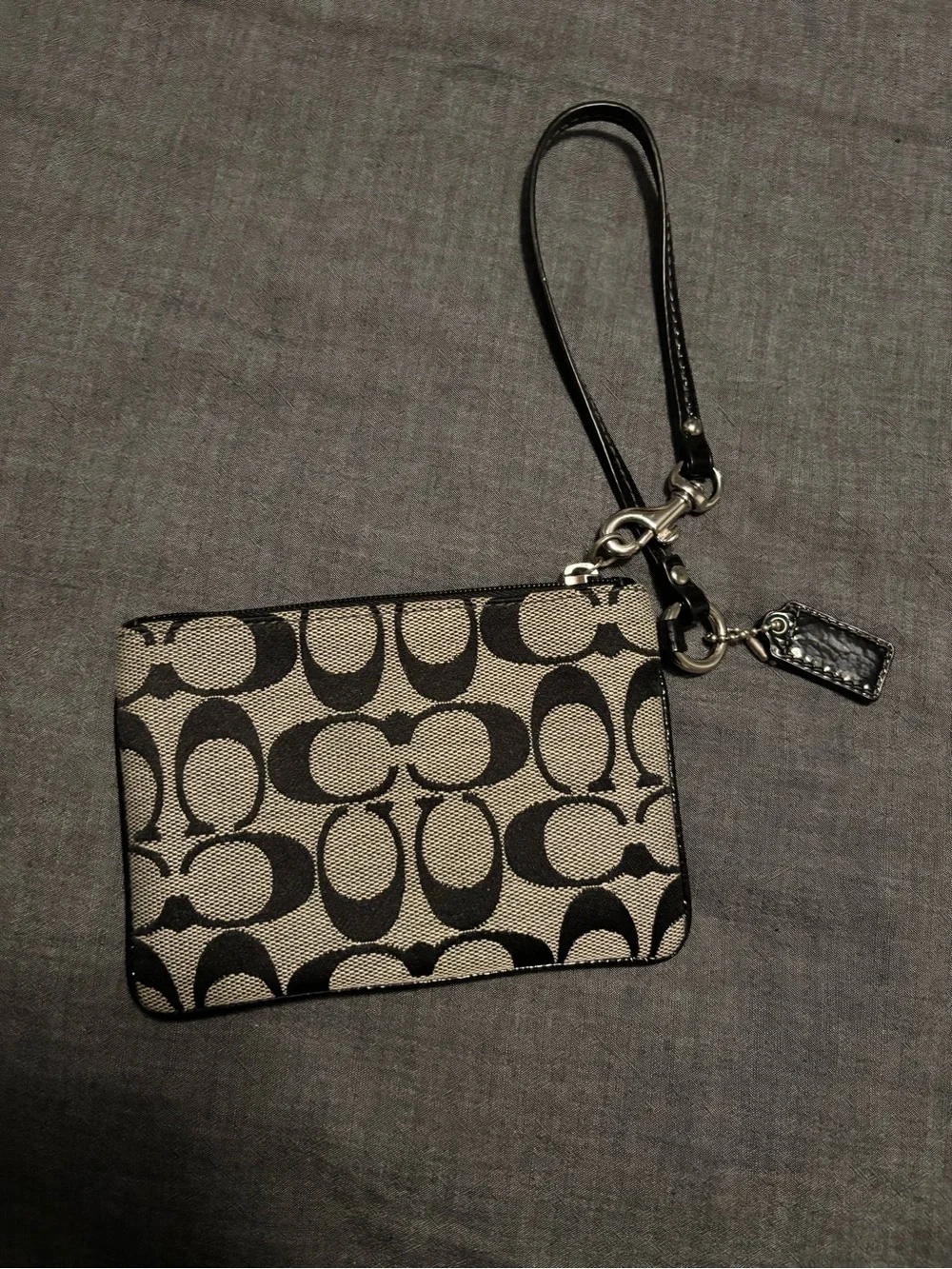 Coach Black and Grey Signature Card Wristlet with Detachable Strap